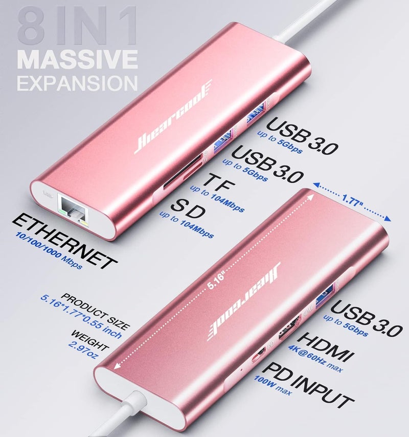 Hiearcool USB C Hub Ethernet, 8in1 USBC Hub Multi-Port Adapter, USB-C to HDMI Docking Station Type C Adapter Dongle Compatible for MacBook Dell XPS HP ASUS and More Type-C Devices-Rose Gold - Image 5